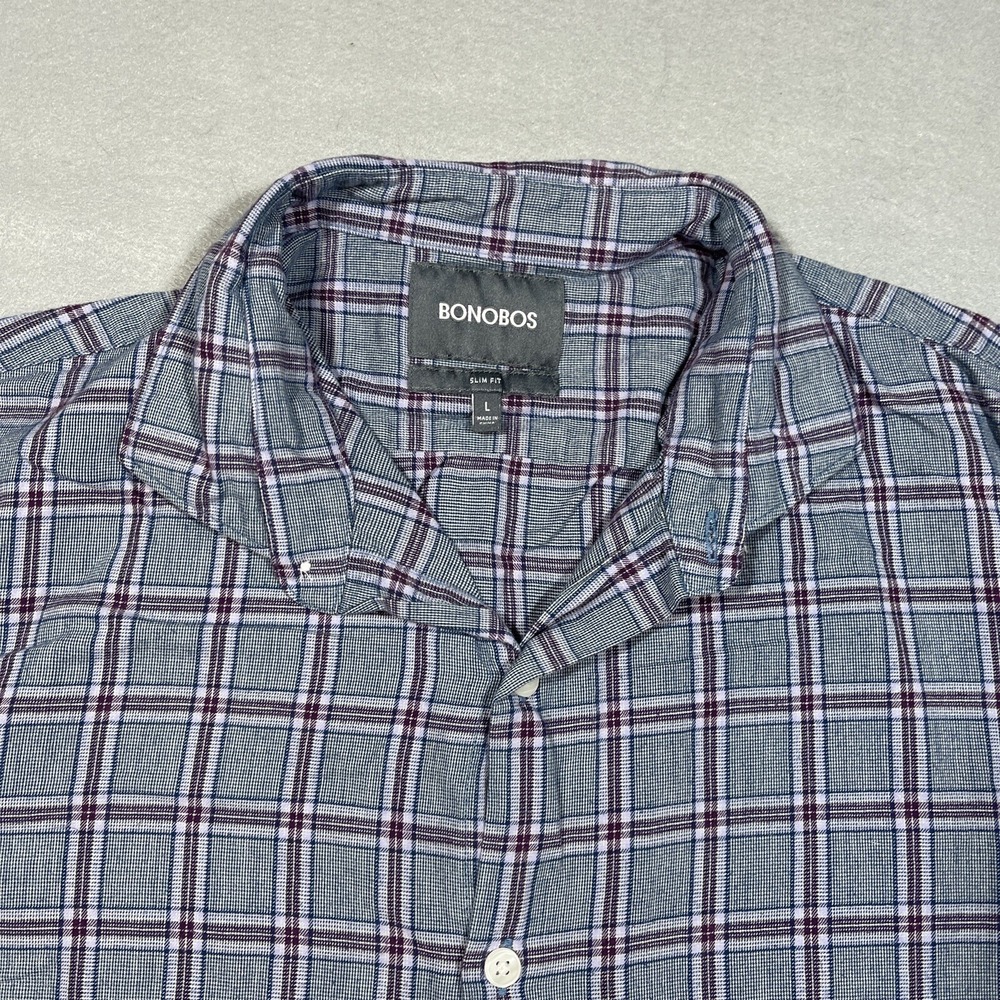 Bonobos Shirt Men's Large Blue Purple Check Brushed Cotton Slim‎ Fit